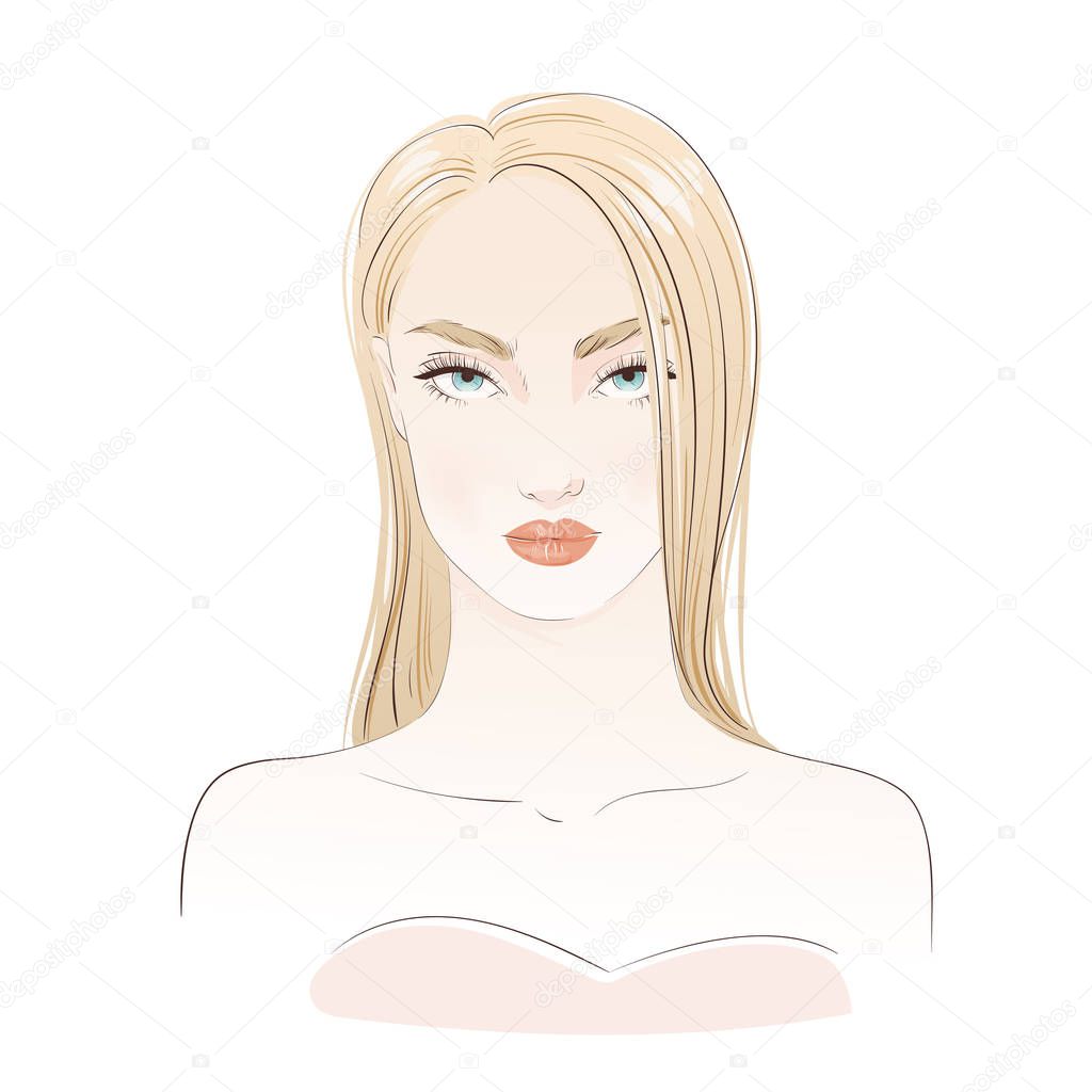 Beautiful sexy blonde woman portrait. Hand drawn vector illustration
