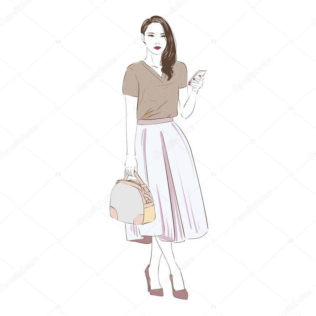 Beautiful young women in a fashion retro clothes midi skirt with bag on high heels holds the smartphone. Vector hand drawn illustration.