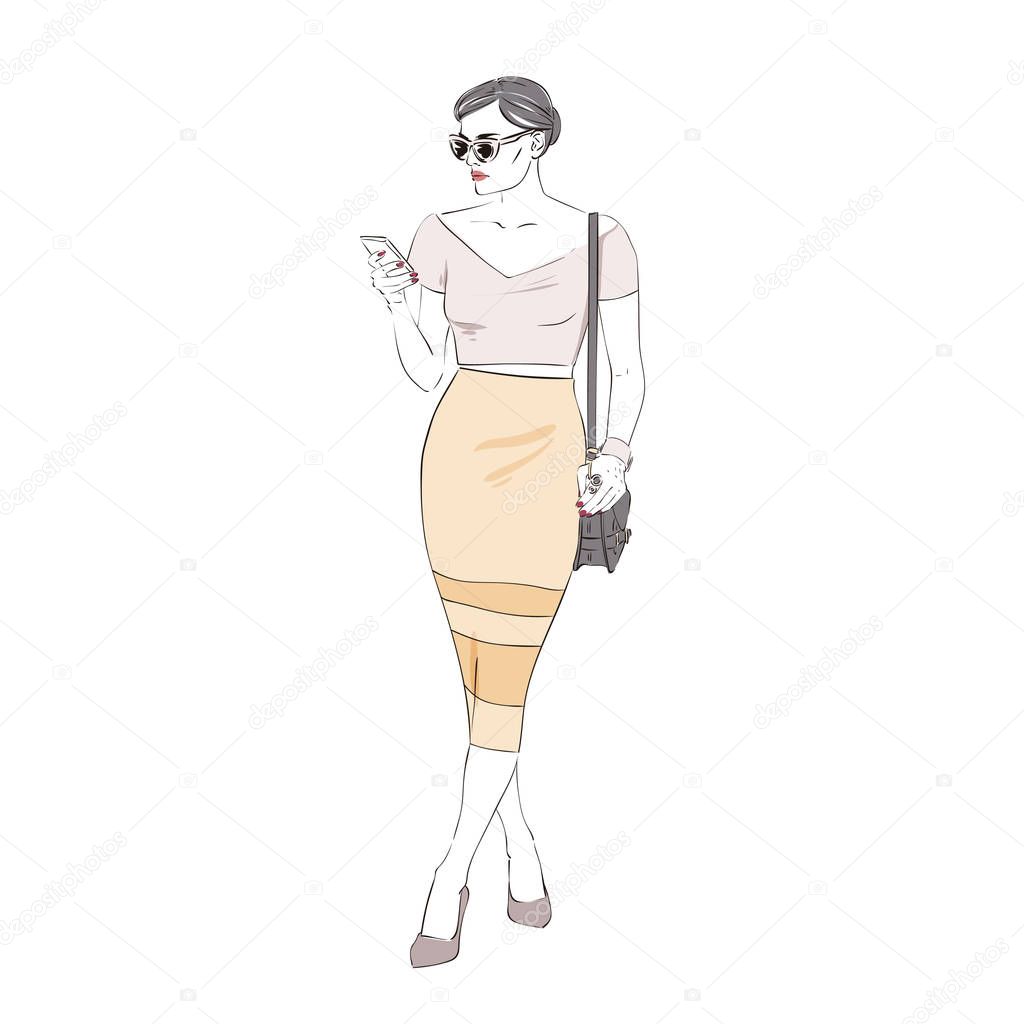 Beautiful fashion hipster young business woman in pencil skirt and glasses high heels holds the smartphone. Hand drawn illustration. Vector hand drawn sketch illustration.