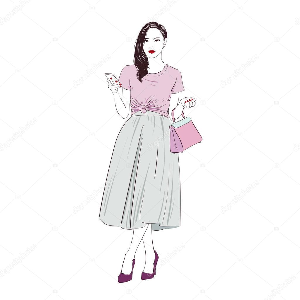Beautiful fashion hipster young business woman in retro midi skirt and glasses and smartphone on high heels. Hand drawn illustration. Vector hand drawn sketch illustration.