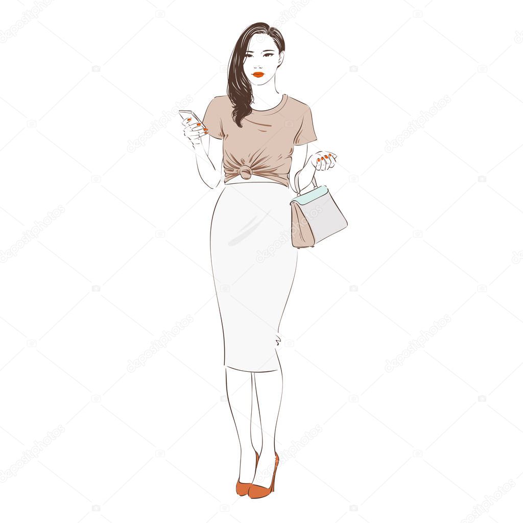 Beautiful fashion hipster young business woman in pencil skirt and high heels holds the smartphone. Hand drawn illustration. Vector hand drawn sketch illustration.