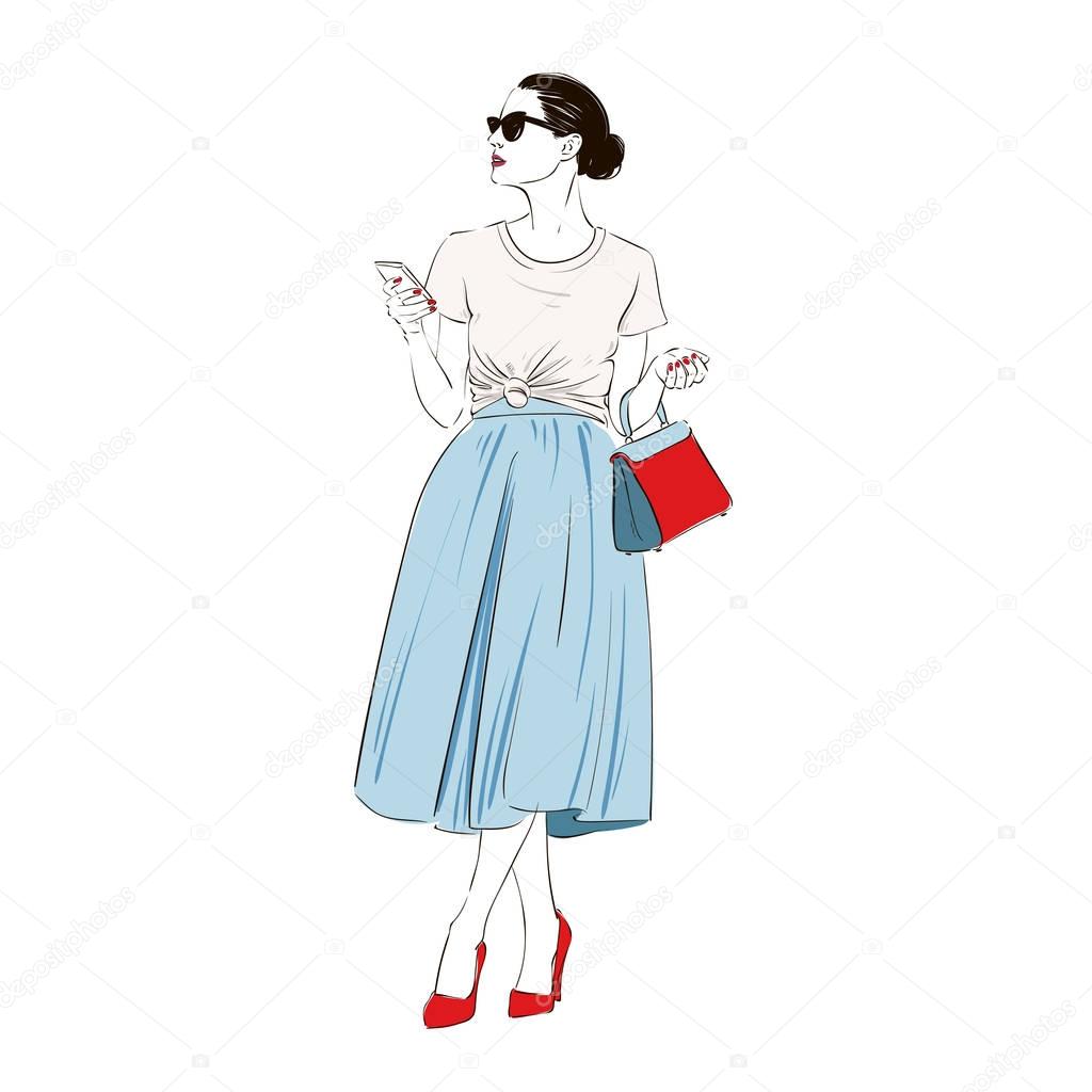 Beautiful, fashion, hipster, young, business, woman, retro, midi, skirt, glasses, smartphone, high, heels., Hand, drawn, illustration., Vector, sketch