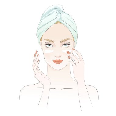 Güzel kız güzellik ayin sırasında krem uygulayın. Vektör el çizilen illüstrasyon.