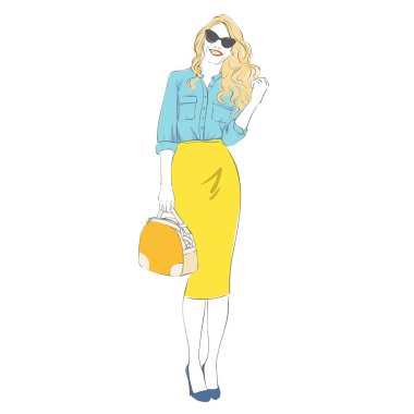 Bir moda retro güzel genç sarışın kadınların etek elbise çantası yüksek topuklar üzerinde kalem. Vektör el çizilen illüstrasyon.