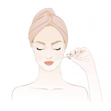 Kaldırma makyaj güzel kız güzellik ritüel sırasında. Vektör el çizilen illüstrasyon.