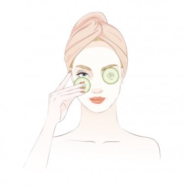 Güzel kız salatalık gözleri maskeyle spa güzellik ritüel sırasında. Vektör el çizilen illüstrasyon.