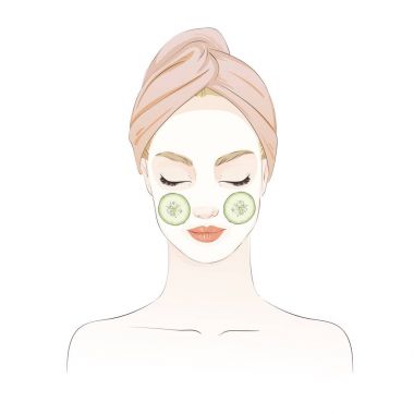 Güzel kız salatalık ile spa maskesinde güzellik ayin sırasında. Vektör el çizilen illüstrasyon.