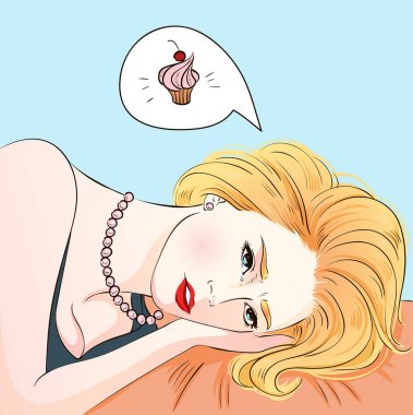 Kız ağlayan kadın yüz ve cupcake düşün. Pop art retro tarzı. . İnsan duyguları. Vektör el çizilen illüstrasyon.
