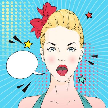 Pop art sarışın bir kadın yüzü açık ağız ile şaşırttı. Komik kadın konuşma balonu ile. Vektör çizim.