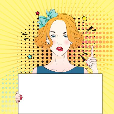 Pop Art Vintage reklam afişi komik kız bir beyaz afiş ve parmak kaldırdı tutar. Vektör çizim