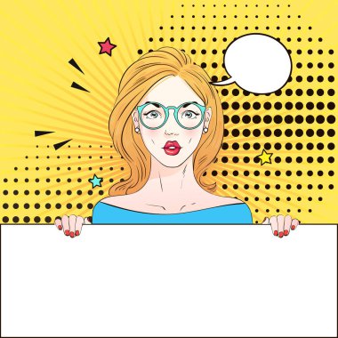 Pop Art Vintage yuvarlak gözlük reklam afişi komik kız beyaz bir afiş tutar. Komik kadın konuşma balonu ile. Vektör çizim