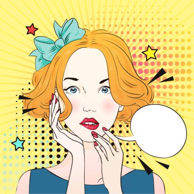 Pop Art Vintage poster komik kız korkmuş ve bir şey hakkında düşünüyor. Komik kadın konuşma balonu ile. Vektör çizim