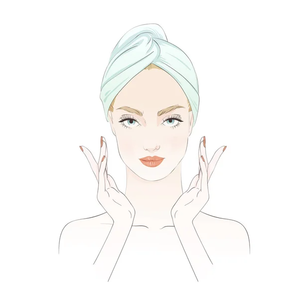 Hermosa chica durante el ritual de belleza, aplicar crema. Vector ilustración dibujada a mano . — Vector de stock