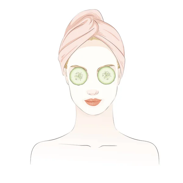 Menina bonita durante o ritual de beleza, em máscara de spa com pepino em olhos. Ilustração desenhada à mão vetorial . — Vetor de Stock