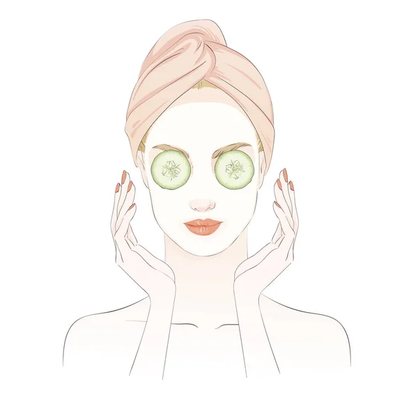 Bella ragazza durante il rituale di bellezza, in maschera spa con cetriolo sugli occhi. Illustrazione disegnata a mano vettoriale . — Vettoriale Stock