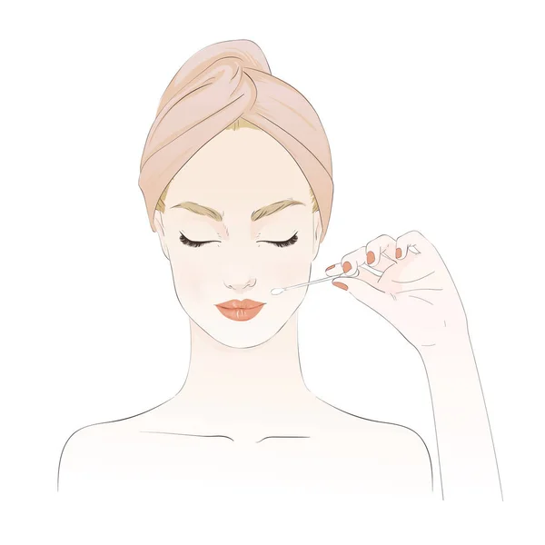 Schöne Mädchen während Beauty-Ritual, Entfernen von Make-up. Vektor handgezeichnete Illustration. — Stockvektor