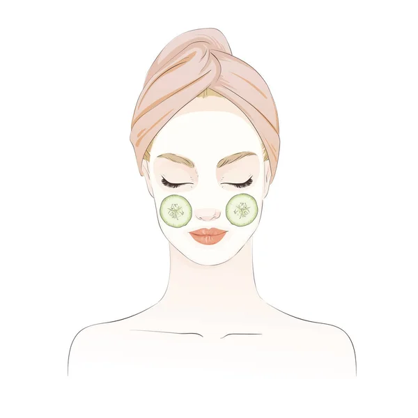 Hermosa chica durante el ritual de belleza, en la máscara de spa con pepino. Vector ilustración dibujada a mano . — Archivo Imágenes Vectoriales