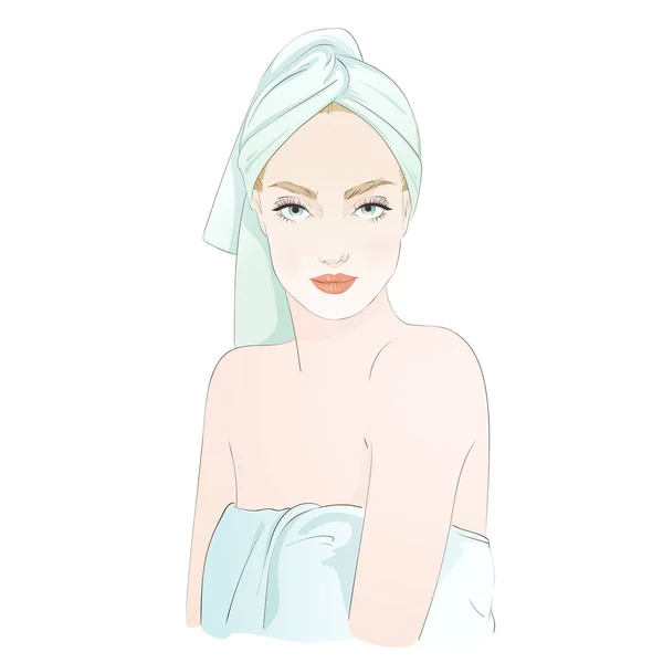 Bella ragazza in asciugamano sulla testa e sul corpo, spa. Illustrazione disegnata a mano vettoriale . — Vettoriale Stock