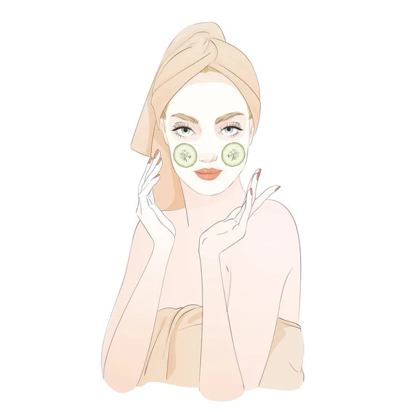 Vacker flicka under skönhetsritual, i spa mask med gurka. Vector hand dras illustration. — Stock vektor