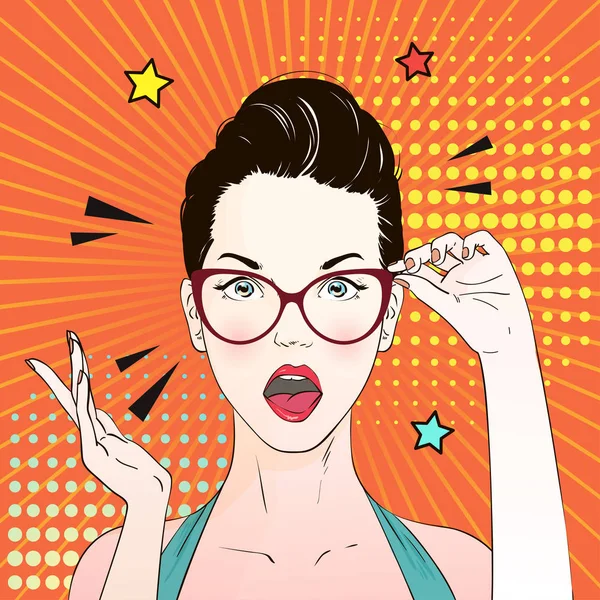 Pop art surprised woman face with open mouth in glasses. . Vector illustration. — Stock Vector