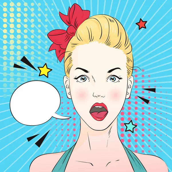 Pop art sorprendió cara de mujer rubia con la boca abierta. Mujer cómica con burbuja del habla. Ilustración vectorial . — Vector de stock