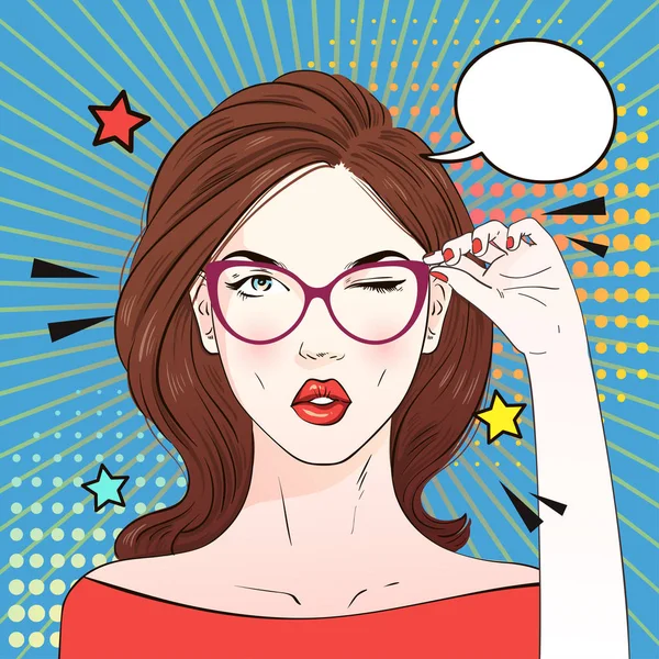 Pop art kadın yüz öpücük ağız içinde gözlük ile şaşırttı. Komik kadın konuşma balonu ile. Vektör çizim.