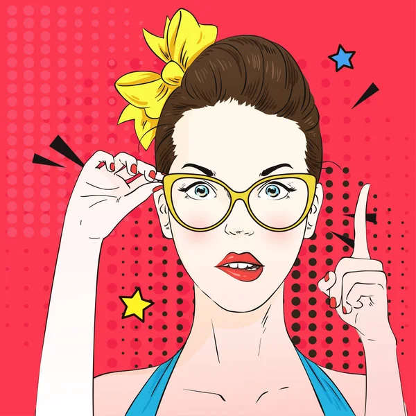 Pop art sorprendió cara de mujer con un dedo levantado y sostiene gafas de ojo de gato. Ilustración vectorial . — Vector de stock