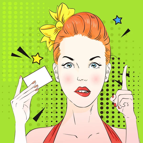 Pop art surprised woman face with a finger raised and holds visitcard. Vector illustration. — Stock Vector