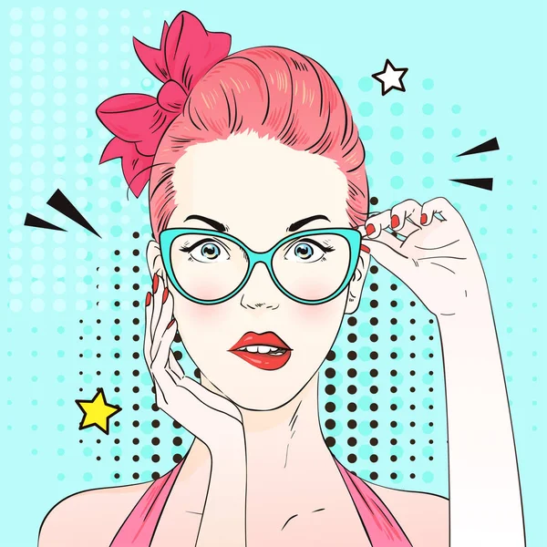 Pop art donna sorpresa con i capelli rosa e occhiali blu occhio di gatto pensare a qualcosa. Donna comica con bolla vocale. Illustrazione vettoriale . — Vettoriale Stock