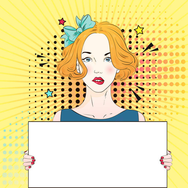 Поп-арт Винтаж реклама плакат комикс девушка держит белый баннер. Векторная иллюстрация
