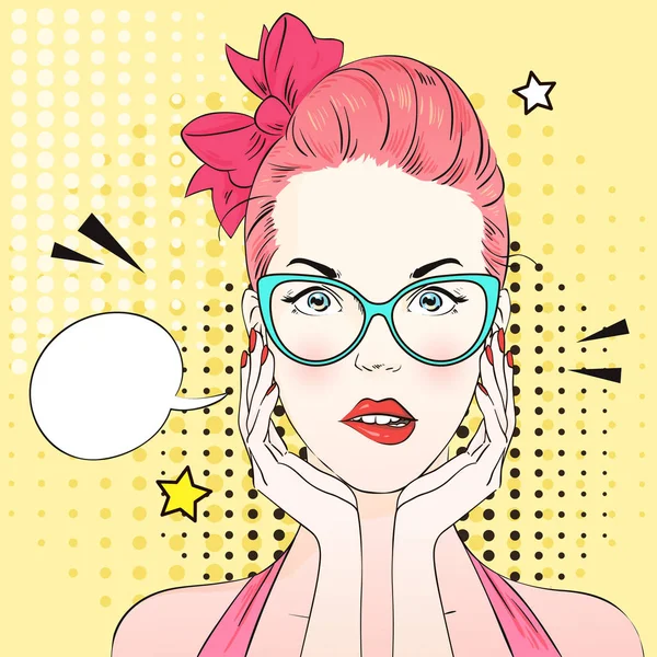 Pop art surprised woman with pink hair and cat's eye blue glasses think about something. Comic woman with speech bubble. Vector illustration. — Stock Vector