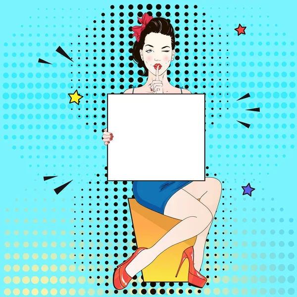 Pop Art Vintage publicidad cartel cómic chica en vestido azul y labutenes rojos se sienta y sostiene una pancarta blanca. Ilustración vectorial — Vector de stock