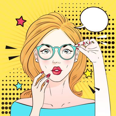 Pop art kadın yüzü açık ağız içinde gözlük ile şaşırttı. Komik kadın konuşma balonu ile. Vektör çizim.