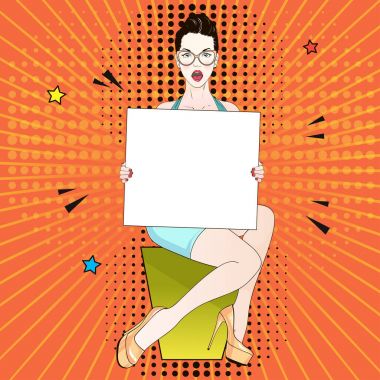 Pop Art Vintage reklam afişi komik kız mavi elbise ve bej labutenes oturur ve beyaz bir afiş tutar. Vektör çizim