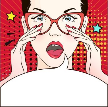 Pop art sürpriz kadın yüzü açık ağız içinde gözlük ile yüksek sesle bir şey hakkında konuşuyor. Vektör çizim.