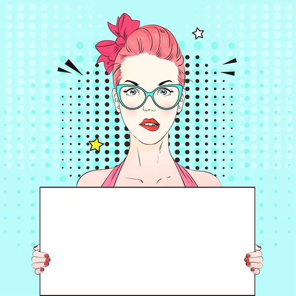Pop Art Урожай рекламний плакат коміксів рожеве волосся дівчина в блакитних котячих окулярах тримає білий банер. Векторні ілюстрації — стоковий вектор