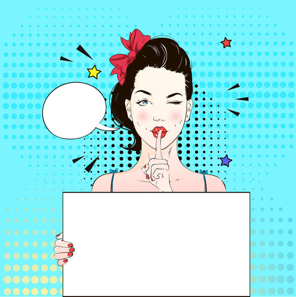 Pop Art Vintage advertising poster comic girl winks and holds a white banner calls for silence . Comic woman with speech bubble. Vector illustration