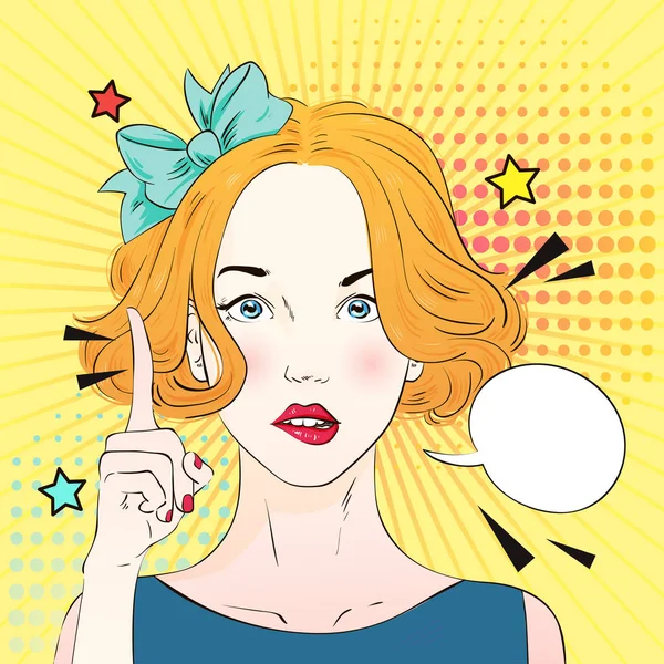 Pop art surprised woman face with a finger raised . Comic woman with speech bubble. Vector illustration. — Stock Vector