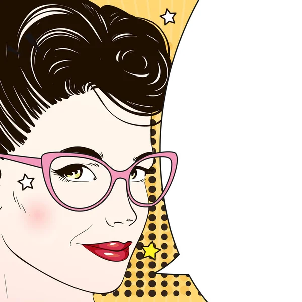 Mujer de arte pop con el pelo negro y gafas de color rosa ojo de gato pensar en algo. Mujer cómica con burbuja del habla. Ilustración vectorial . — Vector de stock