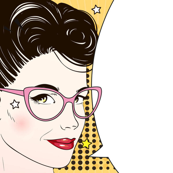 Pop art woman with black hair and cat's eye pink glasses think about something. Comic woman with speech bubble. Vector illustration.