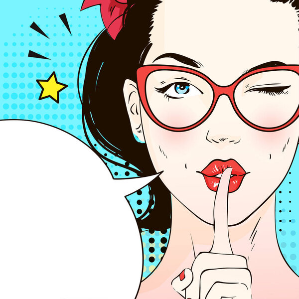 Pop art surprised woman face with kiss mouth in glasses calls for silence . Comic woman with speech bubble. Vector illustration.