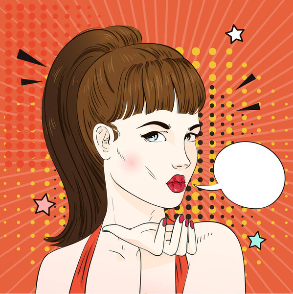 Поп-арт удивил блондинку с ретро-прической посылает воздушный поцелуй. Комическая женщина с речевым пузырем. Векторная иллюстрация
.