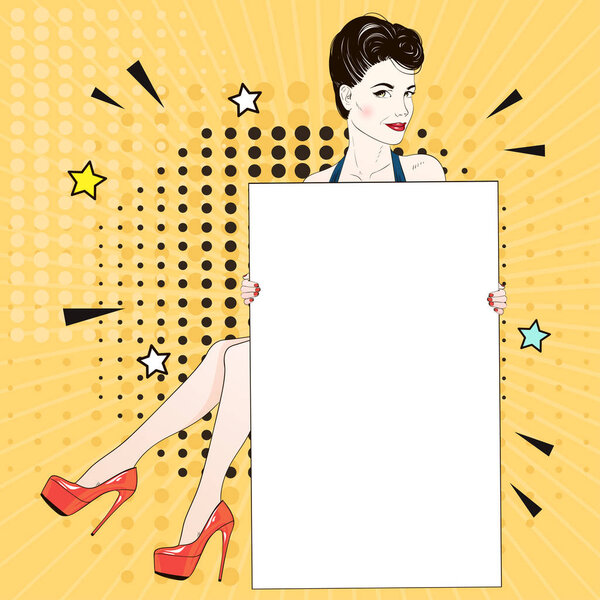 Comic Pop art woman in blue dress and red labutenes sits and holds a white banner . Vector illustration.