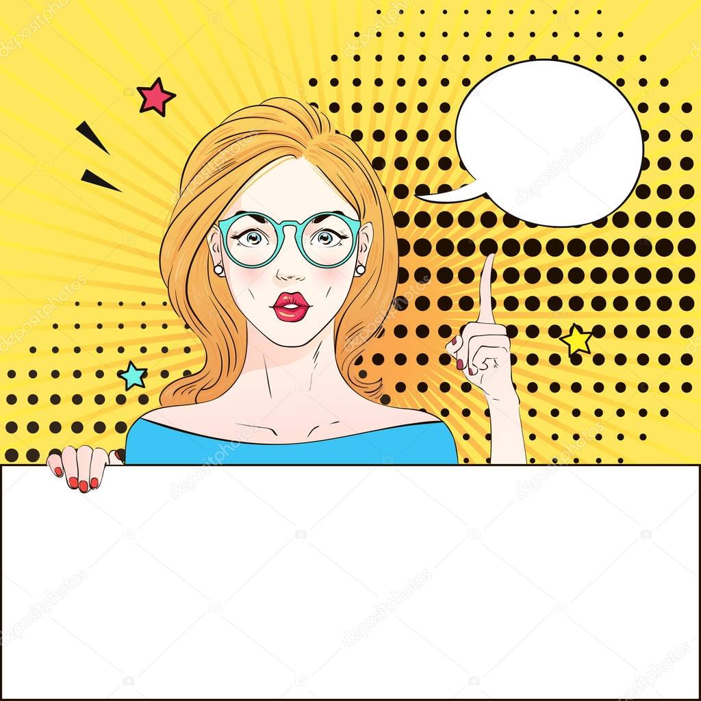 Pop Art Vintage advertising poster comic girl in round glasses holds a white banner and finger raised . Comic woman with speech bubble. Vector illustration