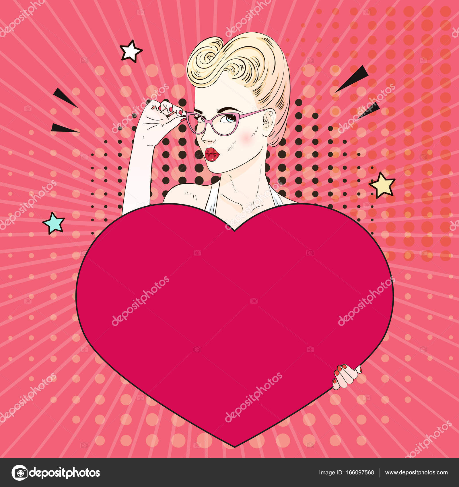Светловолосая Блондинка Из Comic Pop Art Держит Красное Сердце И.
