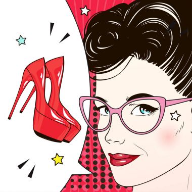 Pop art kadın siyah saçlı ve kedi gözü pembe gözlük hakkında kırmızı labutenes düşünüyorsun. Komik kadın konuşma balonu ile. Vektör çizim.