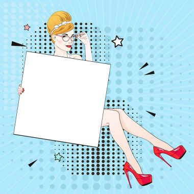 Çizgi roman sanatçısı, sarı saçlı, kırmızı labutenli kadın beyaz bir pankart ve gözlük tutuyor. Vektör illüstrasyonu.