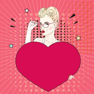 Komik Pop sanat sarı saçlı kadın kırmızı bir kalp ve gözlüklerini tutar. Vektör çizim.
