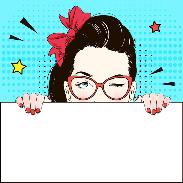 Pop Art Vintage advertising poster comic girl in cat-yey glasses winks and holds a white banner . Vector illustration