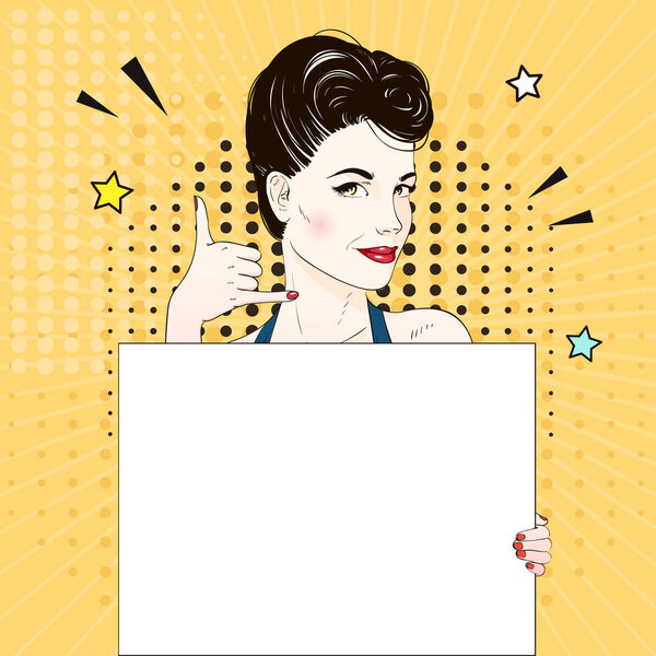 Comic Pop art woman face requests to call and holds white banner. Vector illustration.